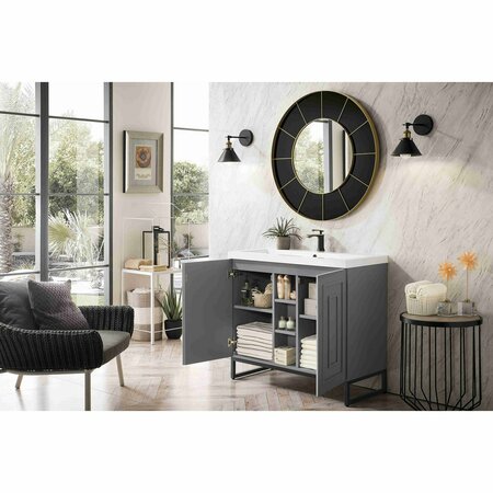 James Martin Vanities Alicante 39.5in Single Vanity, Gray Smoke, Matte Black w/ White Glossy Composite Stone Top E110V39.5GSMMBKWG